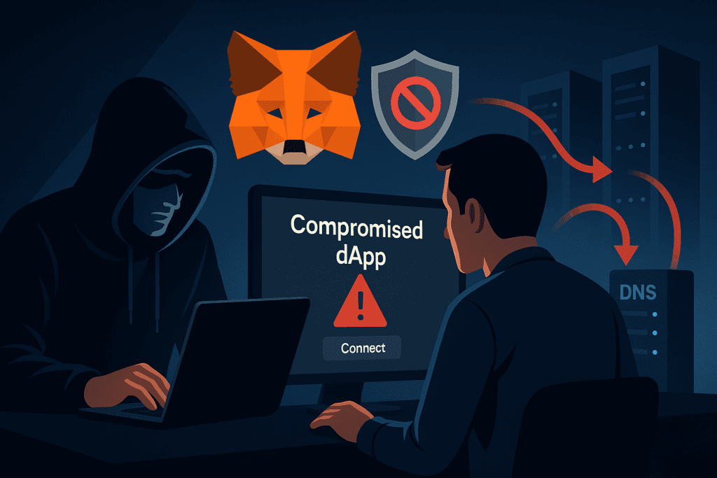Haker u mračnoj sobi promatra investitora dok otvara kompromitirani dApp, iznad njih lebdi Metamask lisica s probušenim štitom, a u pozadini DNS poslužitelji preusmjeravaju promet.sigurnost u kriptu