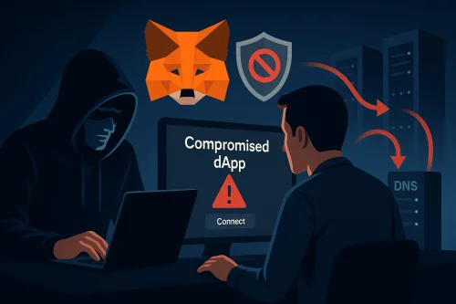 Haker u mračnoj sobi promatra investitora dok otvara kompromitirani dApp, iznad njih lebdi Metamask lisica s probušenim štitom, a u pozadini DNS poslužitelji preusmjeravaju promet.sigurnost u kriptu