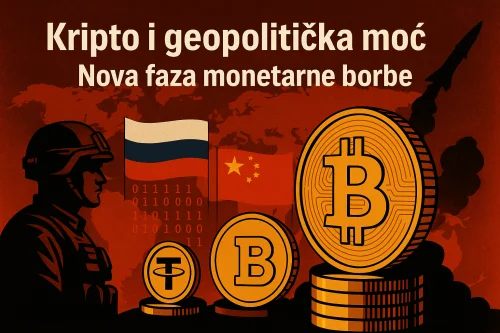 Ilustracija prikazuje Bitcoin, Tether, rusku i kinesku zastavu u kontekstu globalne monetarne borbe, s vojnikom i raketom u pozadini.geopolitički utjecaj na kripto