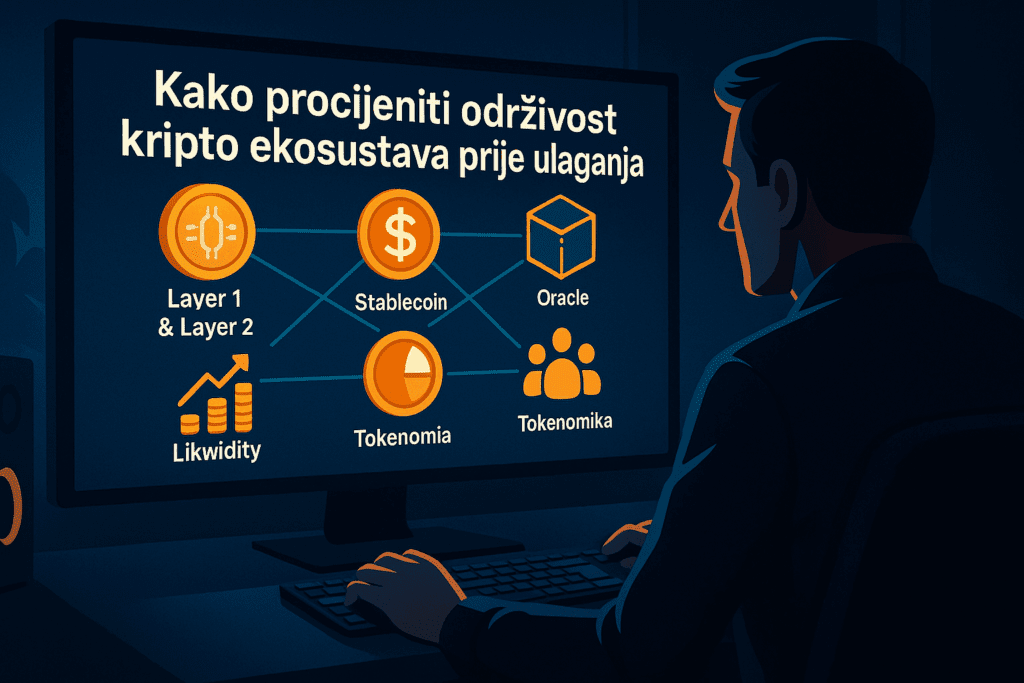 Digitalna ilustracija prikazuje investitora u mračnoj sobi kako analizira kripto ekosustav na velikom monitoru, okružen grafikonima, stablecoinima i oraklima.