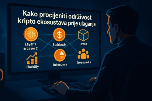 Digitalna ilustracija prikazuje investitora u mračnoj sobi kako analizira kripto ekosustav na velikom monitoru, okružen grafikonima, stablecoinima i oraklima.