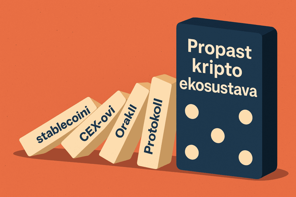Ilustracija koja prikazuje urušavanje povezanih dijelova kripto ekosustava: stablecoini, CEX-ovi, orakli i protokoli padaju kao domino efekt