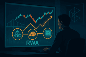 Investitor sjedi ispred velikog monitora u mračnoj sobi dok analizira grafove tokenizirane imovine. Na ekranu se prikazuju digitalni tokeni povezani s nekretninama, zlatom i obveznicama. U pozadini se nazire most između tradicionalnih financija i blockchaina.