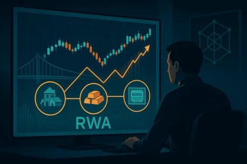 Investitor sjedi ispred velikog monitora u mračnoj sobi dok analizira grafove tokenizirane imovine. Na ekranu se prikazuju digitalni tokeni povezani s nekretninama, zlatom i obveznicama. U pozadini se nazire most između tradicionalnih financija i blockchaina.
