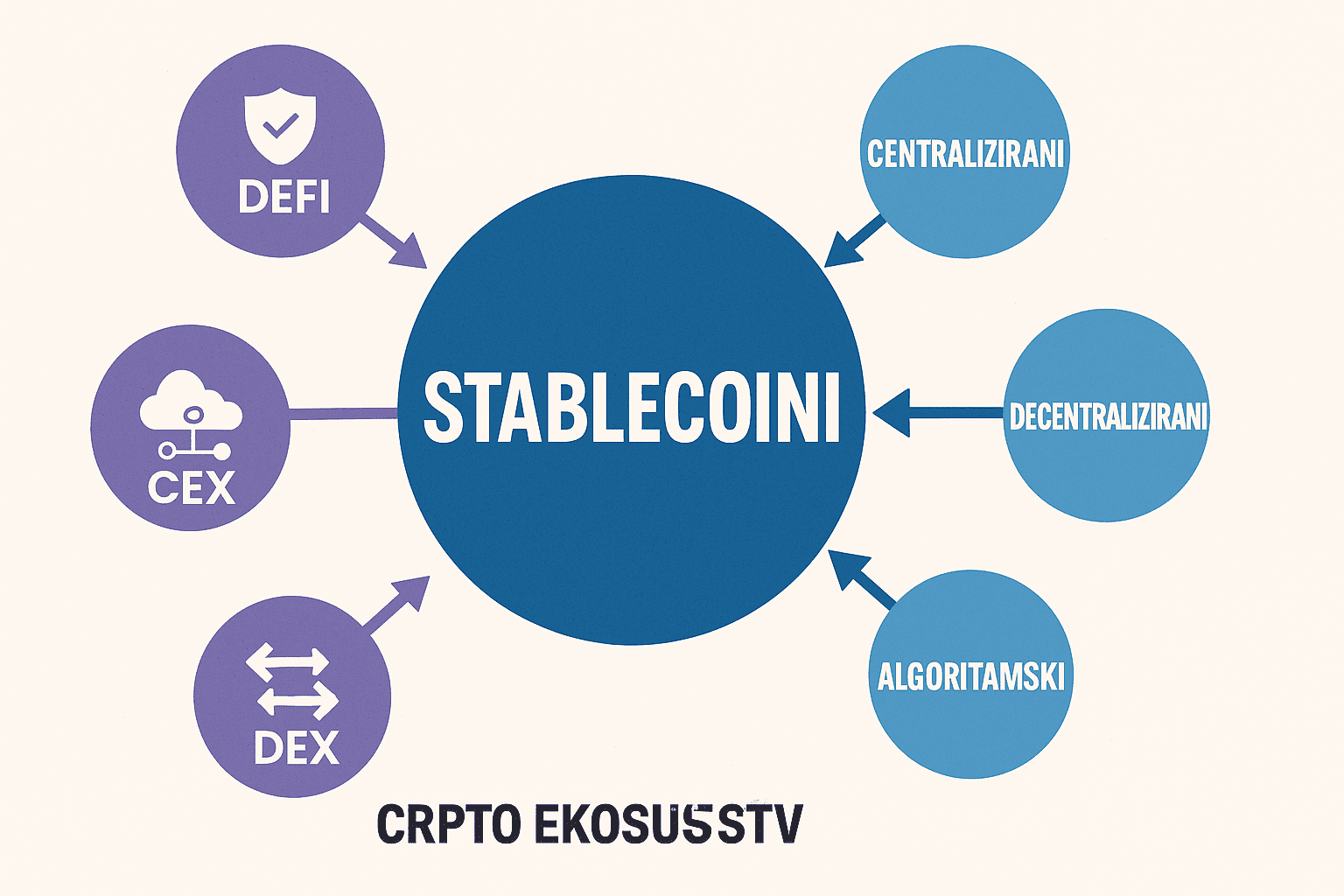 Infografika koja prikazuje ulogu stablecoina u kripto ekosustavu – centralizirani, decentralizirani i algoritamski modeli