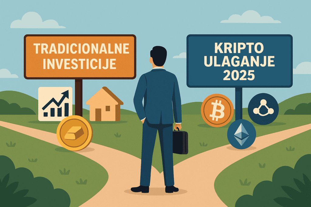 Investitor stoji ispred raskrižja: jedan put vodi prema tradicionalnim investicijama (dionice, nekretnine, zlato), drugi prema kriptotržištu (Bitcoin, Ethereum, DeFi ikone). Kontrast tradicije i inovacije u vizualnom obliku.