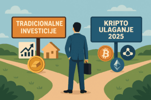 Investitor stoji ispred raskrižja: jedan put vodi prema tradicionalnim investicijama (dionice, nekretnine, zlato), drugi prema kriptotržištu (Bitcoin, Ethereum, DeFi ikone). Kontrast tradicije i inovacije u vizualnom obliku.