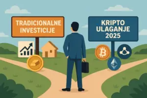 Investitor stoji ispred raskrižja: jedan put vodi prema tradicionalnim investicijama (dionice, nekretnine, zlato), drugi prema kriptotržištu (Bitcoin, Ethereum, DeFi ikone). Kontrast tradicije i inovacije u vizualnom obliku.
