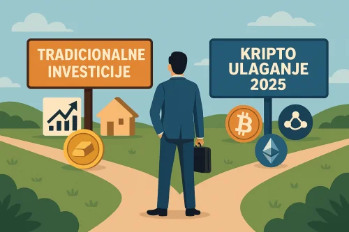 Investitor stoji ispred raskrižja: jedan put vodi prema tradicionalnim investicijama (dionice, nekretnine, zlato), drugi prema kriptotržištu (Bitcoin, Ethereum, DeFi ikone). Kontrast tradicije i inovacije u vizualnom obliku.