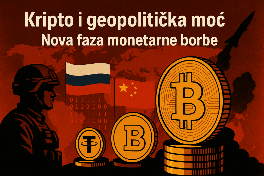 Ilustracija prikazuje Bitcoin, Tether, rusku i kinesku zastavu u kontekstu globalne monetarne borbe, s vojnikom i raketom u pozadini.geopolitički utjecaj na kripto
