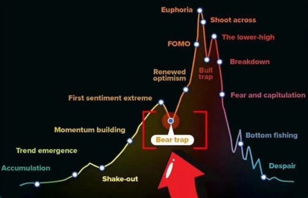 Grafikon faza tržišnog balona: akumulacija, euforija, kapitulacija, očaj.