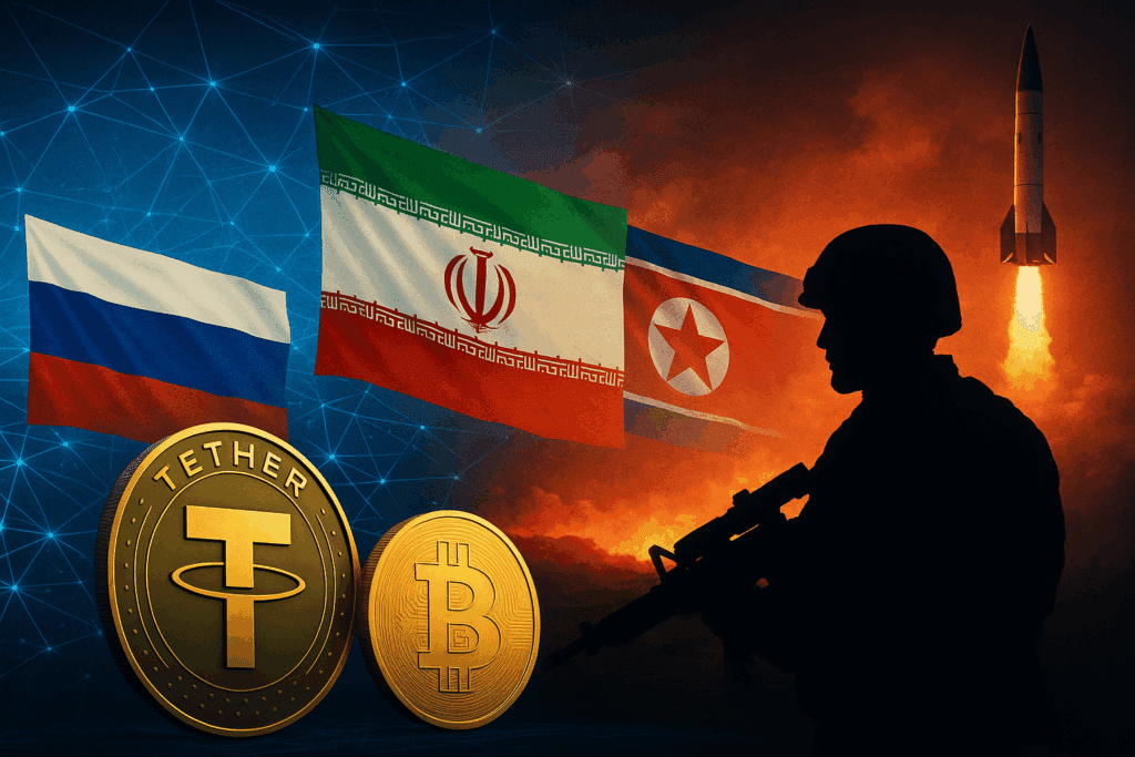 Ilustracija prikazuje vojnika, zastave Rusije, Irana i Sjeverne Koreje, uz simbole Bitcoina i Tethera, s raketnim lansiranjem u pozadini – simbolizirajući kripto kao alat otpora i oružje moći.