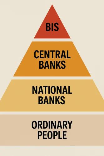 Globalna piramida financijske hijerarhije prikazuje BIS, središnje, nacionalne banke i ljude.