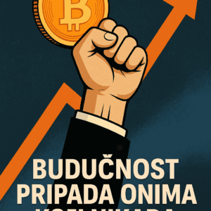 Plakat Bitcoin: Šaka drži novčić, strelica rasta, budućnost ulaganja.
