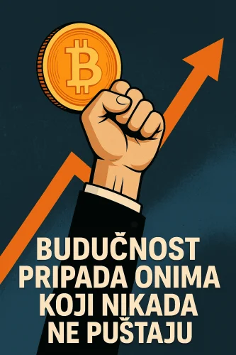Plakat Bitcoin: Šaka drži novčić, strelica rasta, budućnost ulaganja. budućnost pripada onima