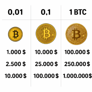 Tablica potencijalnih Bitcoin BTC vrijednosti u dolarima.