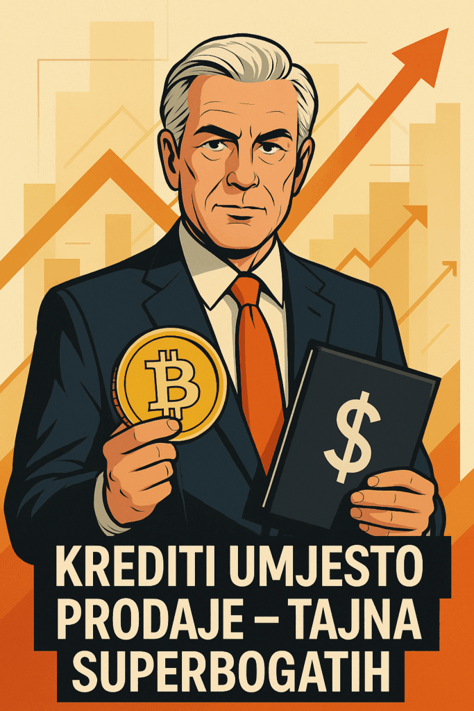 Financijska strategija bogatih: čovjek, Bitcoin, dolar, krediti umjesto prodaje.