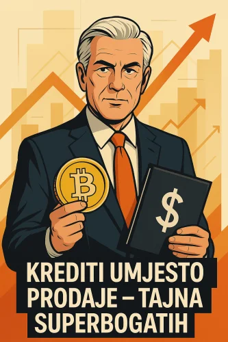 Financijska strategija bogatih: čovjek, Bitcoin, dolar, krediti umjesto prodaje.