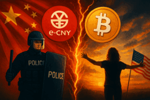 Digitalna ilustracija prikazuje sukob između represije i kontrole s jedne strane te slobode i izbora s druge, simbolizirajući sukob CBDC-a i decentralizacije.