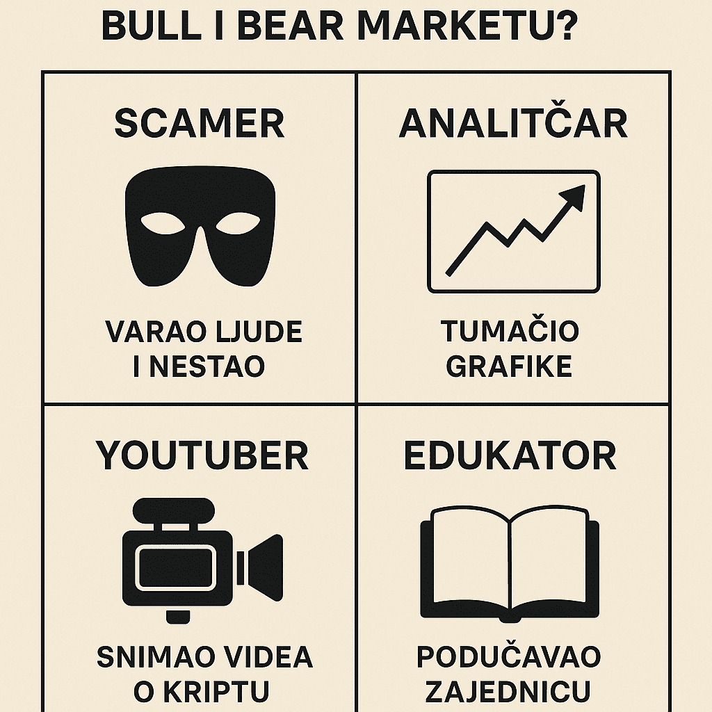 Različite uloge u Bull i Bear kripto tržištu: scamer, analitičar, youtuber, edukator.