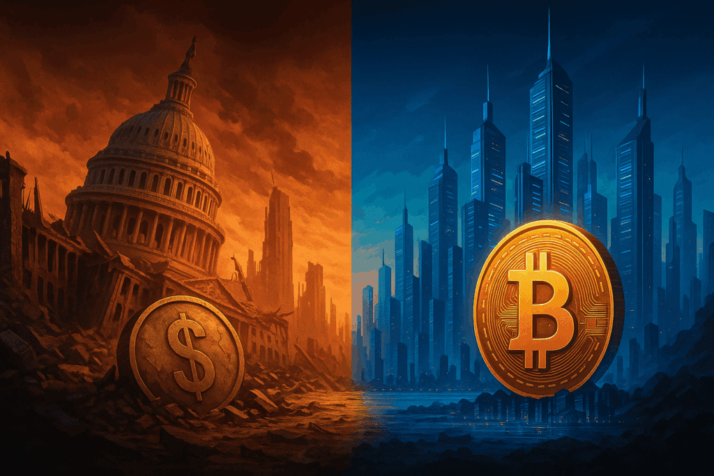 Digitalna ilustracija prikazuje kraj dominacije dolara i uspon Bitcoina kao nove globalne digitalne rezerve u kontekstu geopolitičke borbe. Dedolarizacija