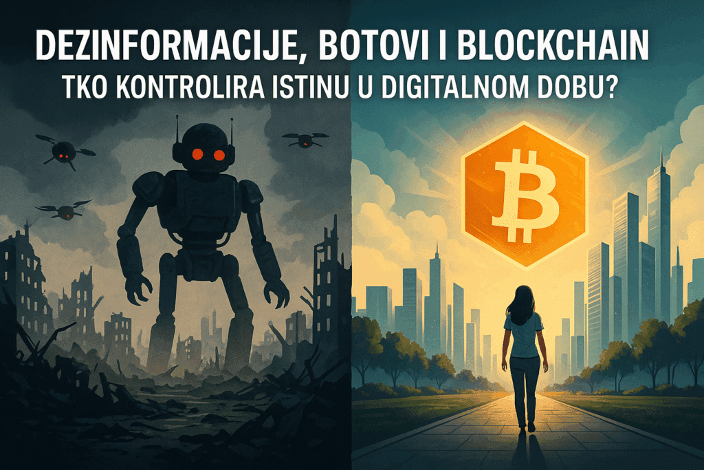 Ilustracija prikazuje sukob između digitalne cenzure i decentralizirane istine u kontekstu informacijske manipulacije i blockchain otpora.dezinformacije
