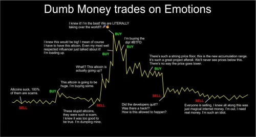 Grafikon Dumb Money prikazuje emocionalno trgovanje kriptovalutama, kupnju i prodaju.