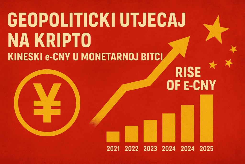 Grafička vremenska traka globalnog uspona e‑CNY-a (digitalnog juana) s oznakom “geopolitički utjecaj na kripto”.e-cny