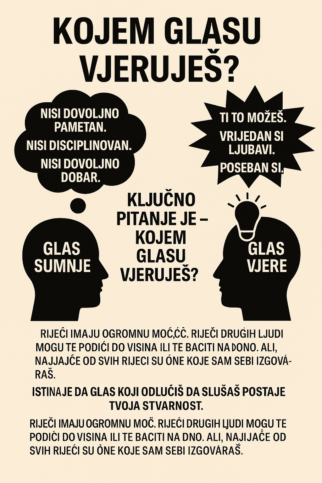 Motivacijski poster: unutarnji glas, sumnja, vjera i snaga riječi za samorazvoj.Kojem glasu vjeruješ