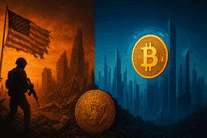 Ilustracija prikazuje kontrast između ratne destrukcije i blockchain tehnologije, simbolizirajući upotrebu kripta kao oružja i alata slobode.