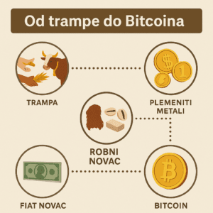 Infografika: Evolucija novca, od trampe, fiat novca do Bitcoin kriptovalute.