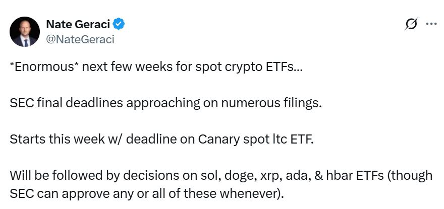 Tweet Nate Geraci: SEC rokovi za spot kripto ETF-ove LTC, SOL, XRP.