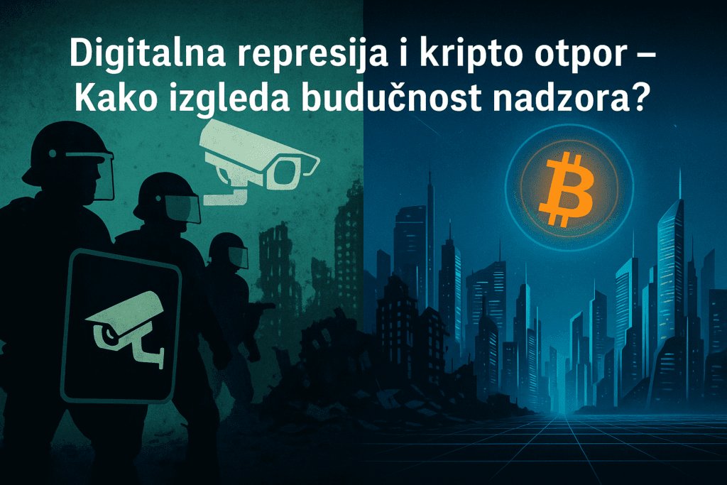 Ilustracija prikazuje kontrast između svijeta pod digitalnim nadzorom i decentraliziranog sustava kripta koji simbolizira slobodu.nadzor