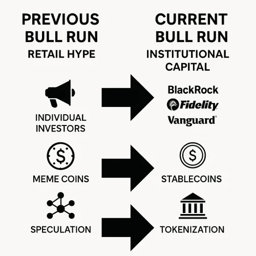 Kripto bikovski rast: prijelaz s maloprodajnih spekulacija (meme kovanice) na institucionalni kapital, tokenizaciju, stabilne kovanice. Bull run razlike