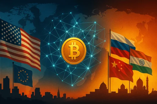 Ilustracija prikazuje globalne digitalne saveze, podijeljene blokove i borbu između centraliziranih država i decentraliziranih blockchain mreža.