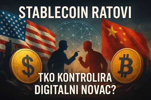 Ilustracija prikazuje globalni sukob između stablecoina Tether i USDC, e-CNY i lokalnih valuta, simboliziran zastavama i digitalnim tokovima novca.