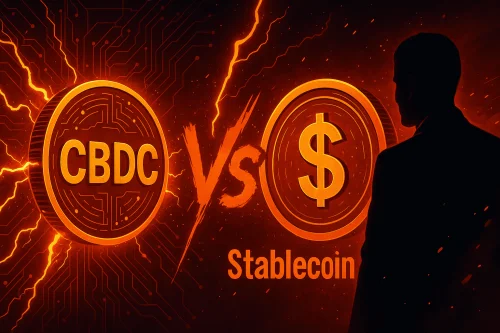 Ilustracija prikazuje digitalni sukob između CBDC-a i stablecoina – simbolizira geopolitički utjecaj na kripto i borbu za kontrolu novca.