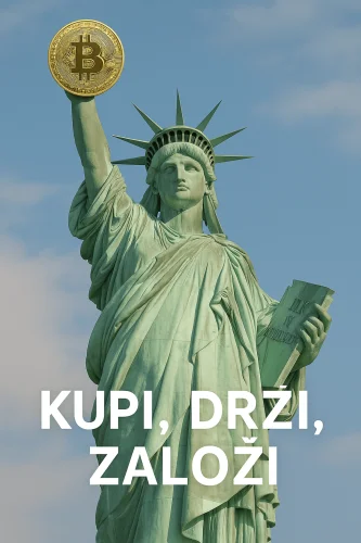 Kip slobode s Bitcoin coinom i tekstom Kupi, Drži, Založi o kriptovalutama.