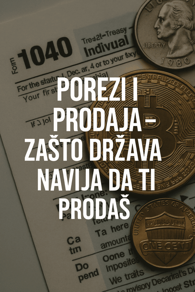 Bitcoin, kovanice i porezna prijava s porukom o porezima i prodaji.