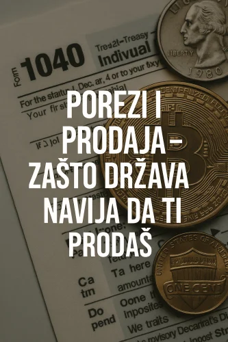 Bitcoin, kovanice i porezna prijava s porukom o porezima i prodaji.