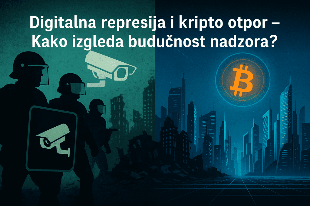 Ilustracija prikazuje kontrast između svijeta pod digitalnim nadzorom i decentraliziranog sustava kripta koji simbolizira slobodu.nadzor