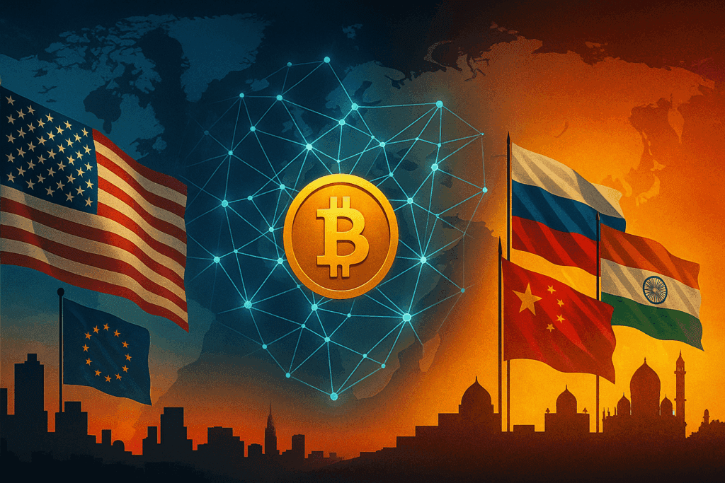 Ilustracija prikazuje globalne digitalne saveze, podijeljene blokove i borbu između centraliziranih država i decentraliziranih blockchain mreža.