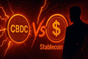 Ilustracija prikazuje digitalni sukob između CBDC-a i stablecoina – simbolizira geopolitički utjecaj na kripto i borbu za kontrolu novca.