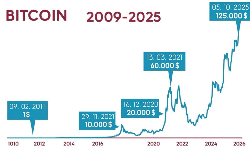 Grafikon cijene Bitcoina 2009-2025: povijest, projekcija i rast vrijednosti.KRAJ NOVCA KAKVOG POZNAJEMO
