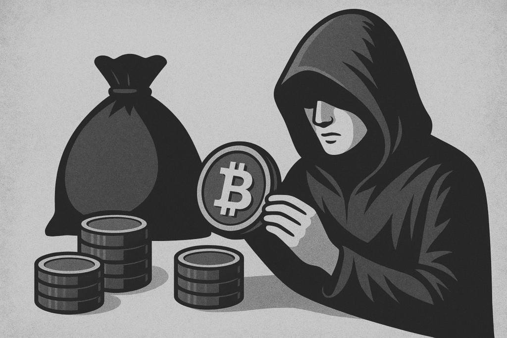 Tajanstveni zbiratelj bitcoina pregledava kriptovalute i gomile novčića.