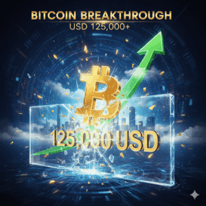 Zlatni Bitcoin proboj 125.000 USD, vizualizacija rasta kriptovaluta.