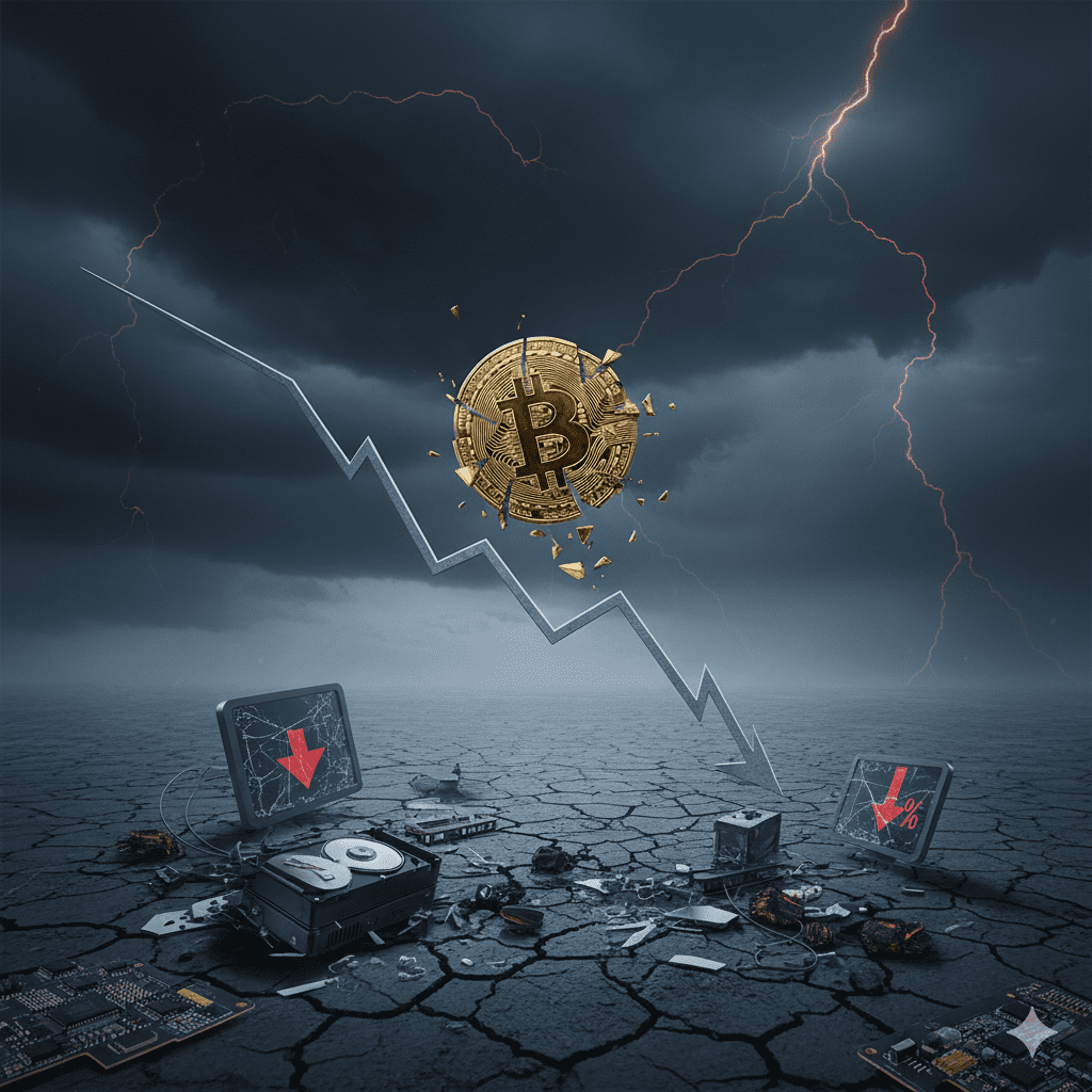 Razbijeni Bitcoin, pad kripto tržišta, tehnološki kolaps i crvena munja.okolnosti pada