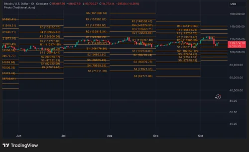 Bitcoin dnevni grafikon (BTC/USD) s pivot točkama i analizom cijene.