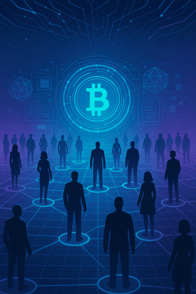 Bitcoin decentralizirana mreža: apstraktna vizija ljudi i digitalne tehnologije.Kripto zajednice i pokreti