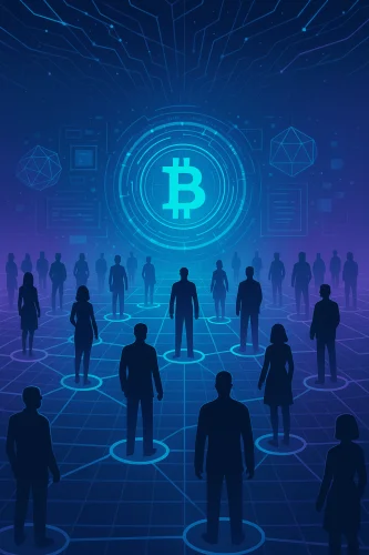 Bitcoin decentralizirana mreža: apstraktna vizija ljudi i digitalne tehnologije.Kripto zajednice i pokreti